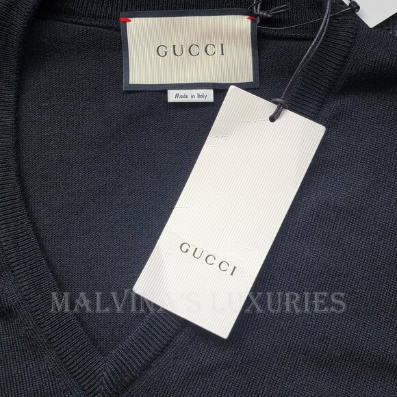GUCCI MENS SWEATER BLACK WOOL V-NECK w HYSTERIA LOGO CREST sz M MEDIUM - Picture 8 of 10